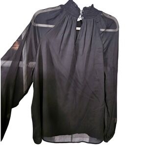 Joie‎ Smocked Ruffle Neck Top XL Academia Black Sheer Flowy Sleeves  #224